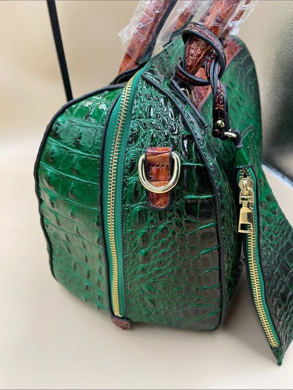 Green Croc-Embossed Satchel with Brown Trim and Top Handles